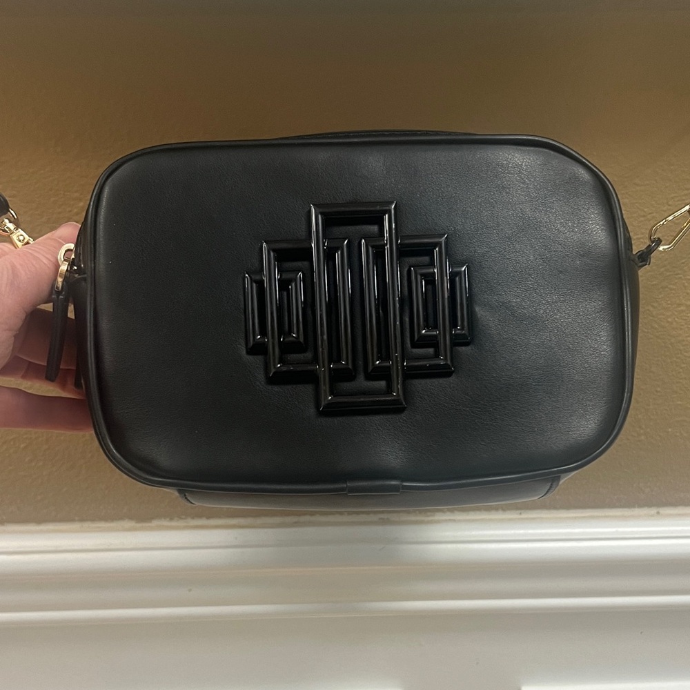 ZARA Black Leather Crossbody Camera Bag with Geometric Accent